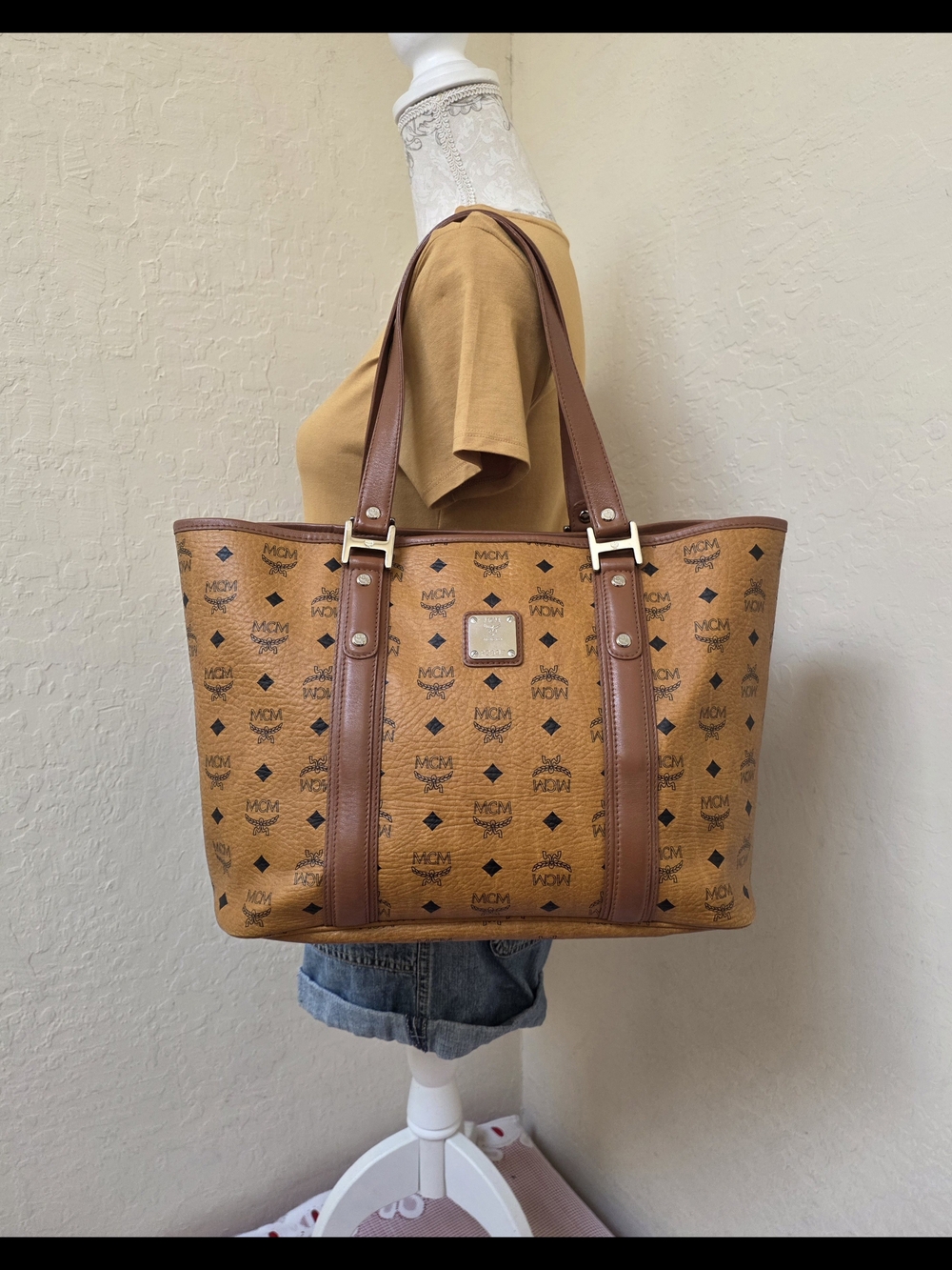 MCM Cognac Monogram Handbag Shoulder Tote Bag AUTHENTIC